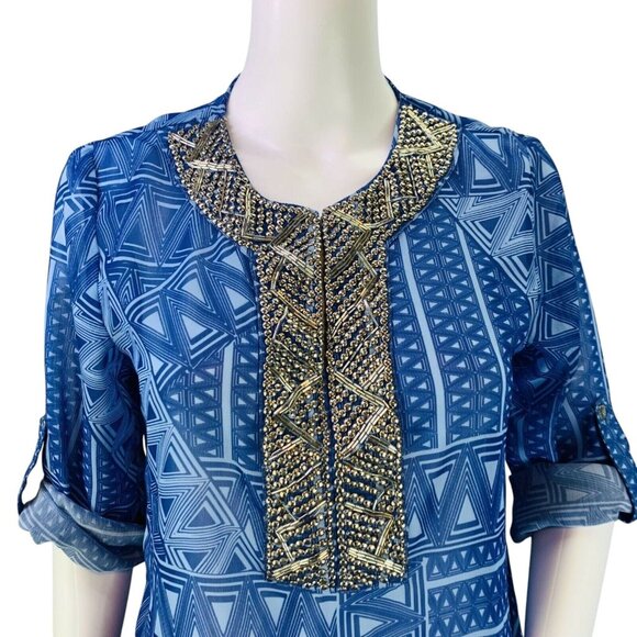 Chicos Tunic Top Byzantine Blue Geometric Semi Sheer Beaded Collar Size 0 | S - Picture 4 of 12